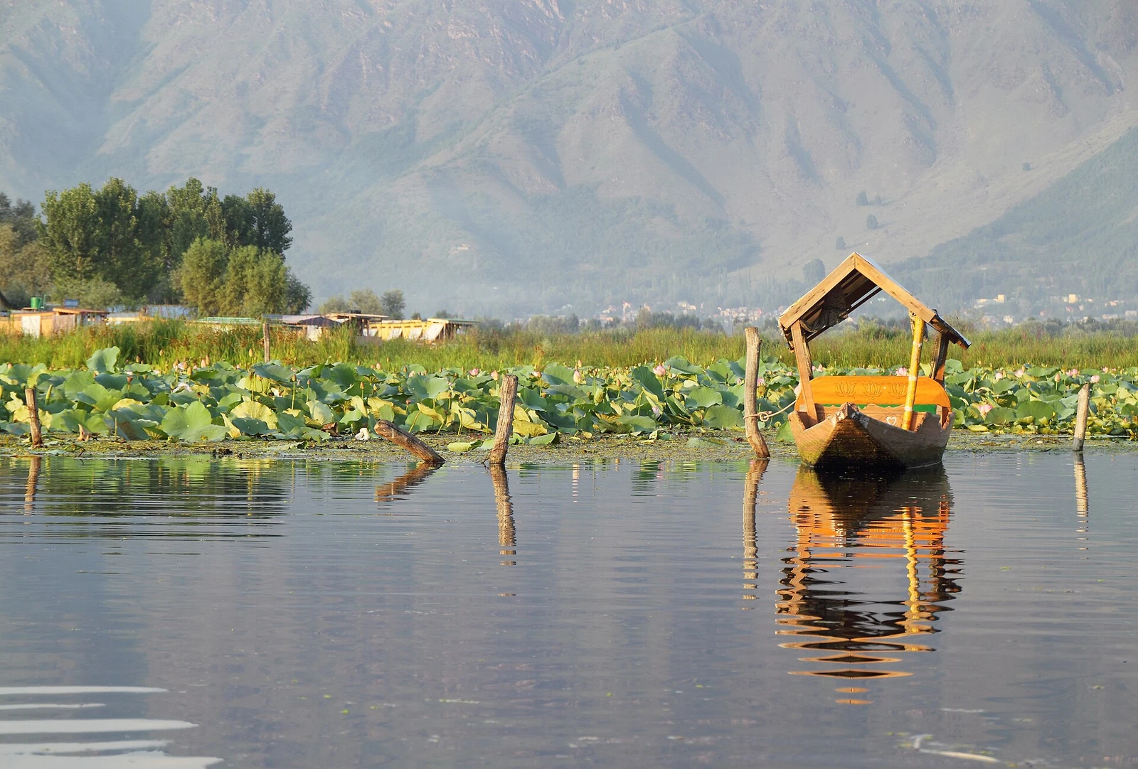 Empty shikara on Dal Lake, Srinagar, India 2013-08-23 (flickr 9967093983).jpg