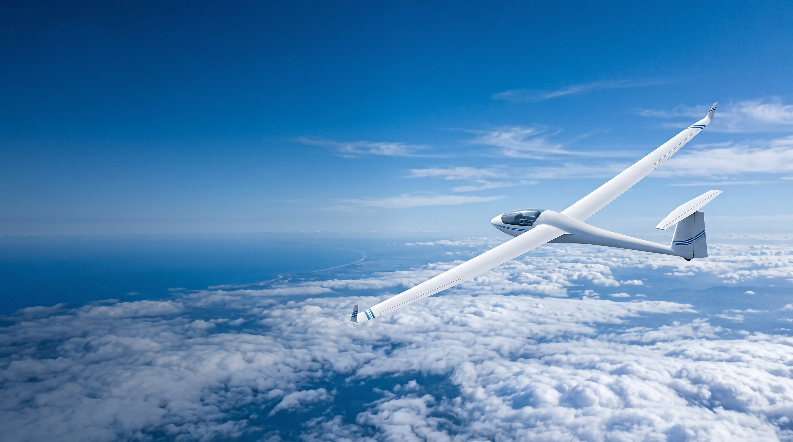 Glider gliding above bright blue skies and clouds
